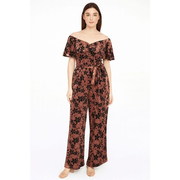 NWT Unique Vintage mauve Sparkle & Black Floral Velvet Wide Leg Belted Jumpsuit - Picture 1 of 10